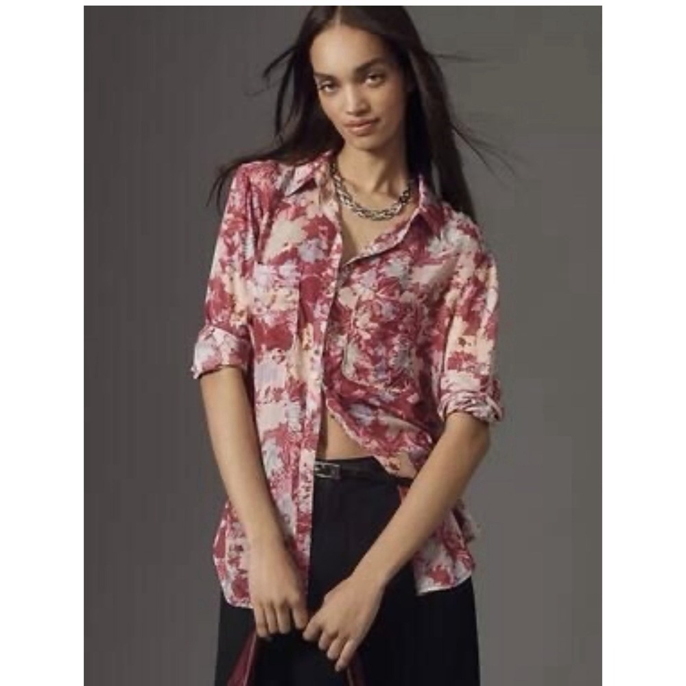 Anthropologie Pilcro XL Pink Watercolor Floral Modal Button Down Shirt Boho